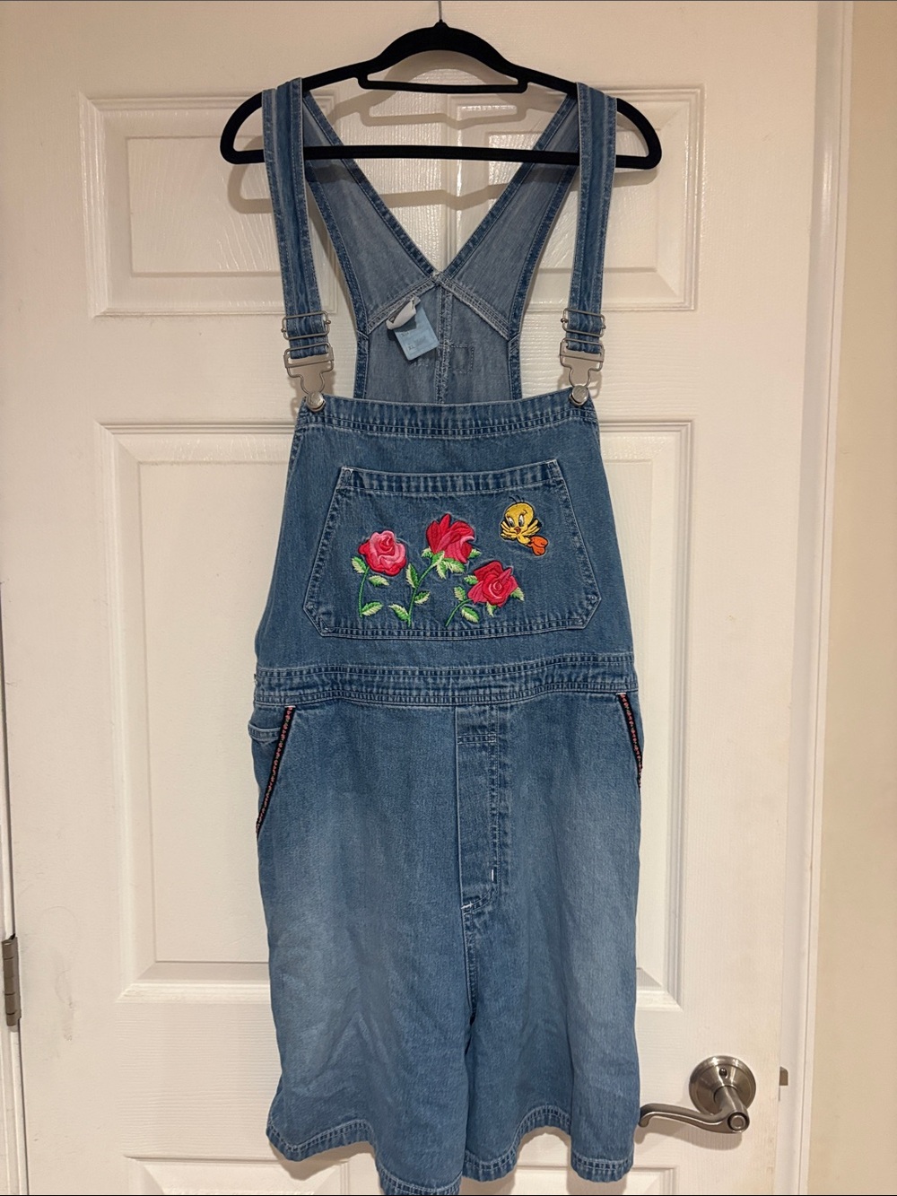 Warner Bros. Vintage Denim Overall Shorts with Rose & Tweety Embroidery - XL